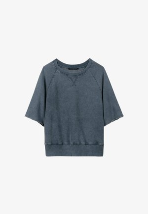 Blue-gray short-sleeve sweatshirt with crew neck, ribbed hem and cuffs, and visible stitch detailing on front.