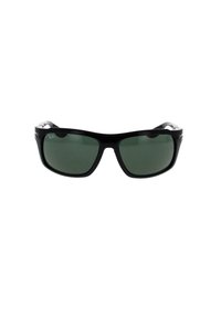 Occhiali da sole neri con un design sportivo, lenti verdi e dettagli metallici sulle astine. Montatura in plastica con una texture liscia.