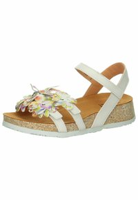 Weiße Sandalen mit floralem Schmuck, Kork-Zwischensohle, verstellbaren Riemen und strukturiertem Fußbett für Komfort und Stabilität.