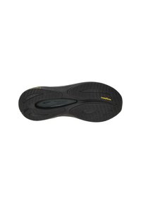 Schwarze Gummisohle mit einem strukturierten Muster, das ein natürliches Rocker-Design aufweist und ein gelbes Goodyear-Logo an der Seite.