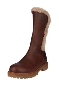 Braune Lederkniehohe Stiefel mit einem flauschigen beigefarbenen Pelzkragen. Die Sohle ist strukturiert für besseren Halt und verfügt über ein rundes Zehendesign.