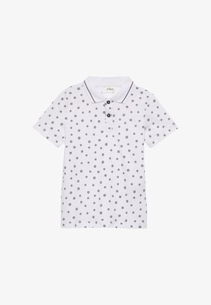 Wit poloshirt met korte mouwen, voorzien van een zwart klein voetbalprintje, zwarte bies op de kraag en drie zwarte knopen bij de knoopsluiting.