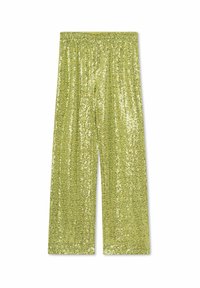 Zelene pailletten hlače s širokim nogavicami, ki imajo elastičen pas in sijočo teksturo, okrašene s spiralo vzorcem.