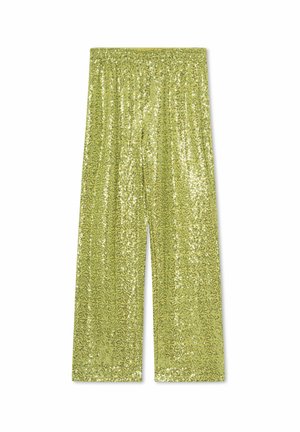 Zielone spodnie z cekinami o szerokim kroju, z elastycznym pasem i błyszczącą teksturą, ozdobione wirującym wzorem.