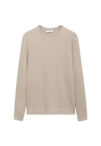Pull beige côtelé en maille avec manches longues et col rond. Présente une texture lisse et un design simple, adapté à une tenue décontractée.