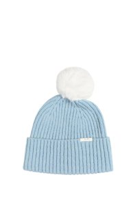 Berretto lavorato a maglia di colore azzurro chiaro con texture a coste e un pom-pom in pelliccia sintetica bianca sulla parte superiore. Presenta un piccolo cartellino sulla parte frontale.