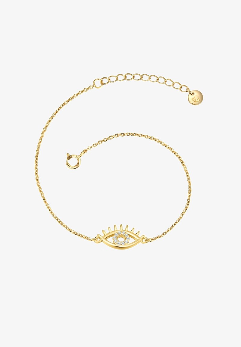 Kuldne ketigae, millel on silma motiiv, ripsmed ja kesksel selge kivi. Õrnad lingid, kindel lukk ja reguleeritav pikkus.