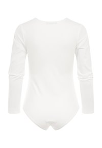 Body à manches longues blanc ajusté vu de dos, avec un col rond et un tissu lisse.