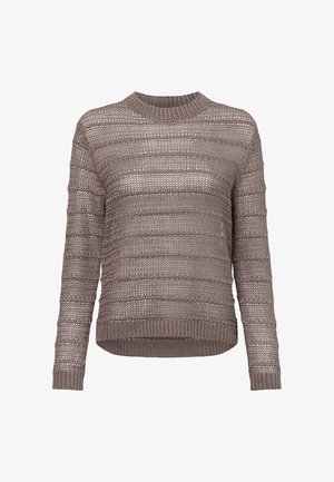 Braun gestrickter Pullover mit Rundhalsausschnitt, langen Ärmeln und strukturiertem Streifenmuster. Rippenbündchen und -saum, offenes Strickdesign.