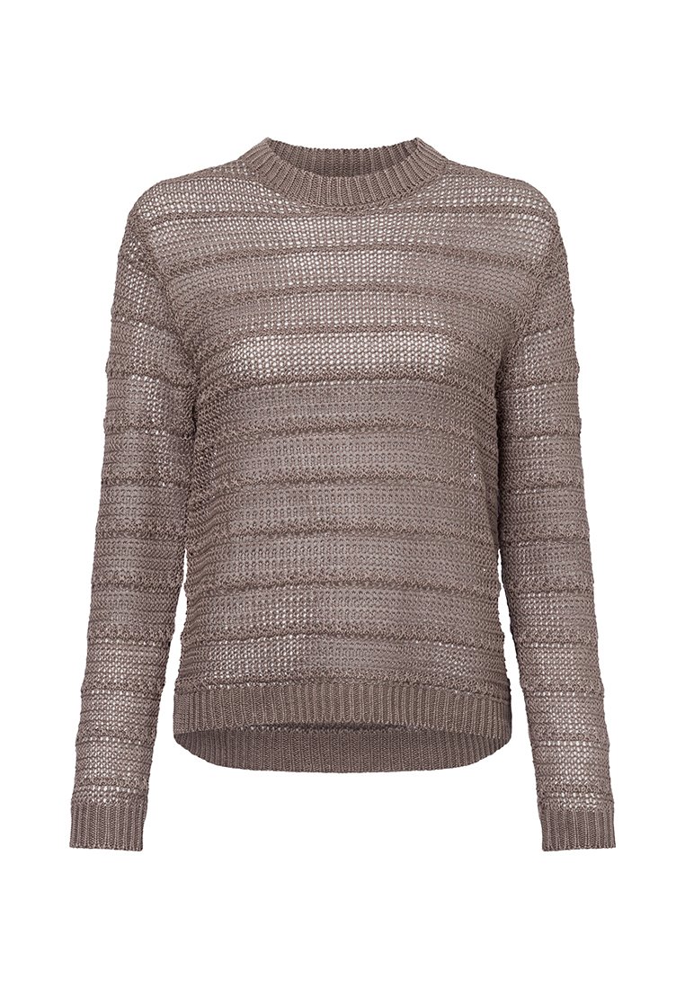 Braun gestrickter Pullover mit Rundhalsausschnitt, langen Ärmeln und strukturiertem Streifenmuster. Rippenbündchen und -saum, offenes Strickdesign.
