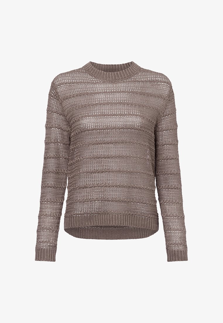 Braun gestrickter Pullover mit Rundhalsausschnitt, langen Ärmeln und strukturiertem Streifenmuster. Rippenbündchen und -saum, offenes Strickdesign.