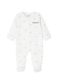 Weißer Baby-Body aus weichem Material, mit einem dezenten Muster aus kleinen Blättern, Druckknöpfen an der Vorderseite und "Gaspard" in Marineblau gestickt.