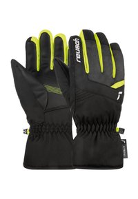 Schwarze Handschuhe mit leuchtend neongelben Akzenten, die eine strukturierte Oberfläche und elastische Bündchen für einen sicheren Sitz bieten. Hergestellt aus strapazierfähigen Materialien.