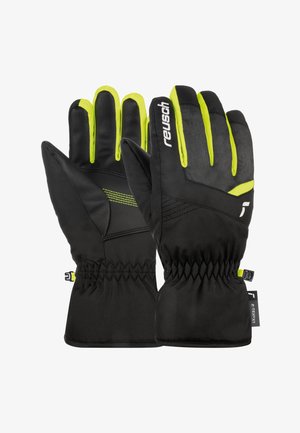 Black gloves with bright neon yellow accents, featuring a textured surface and elastic cuffs for a secure fit. Made from durable materials.