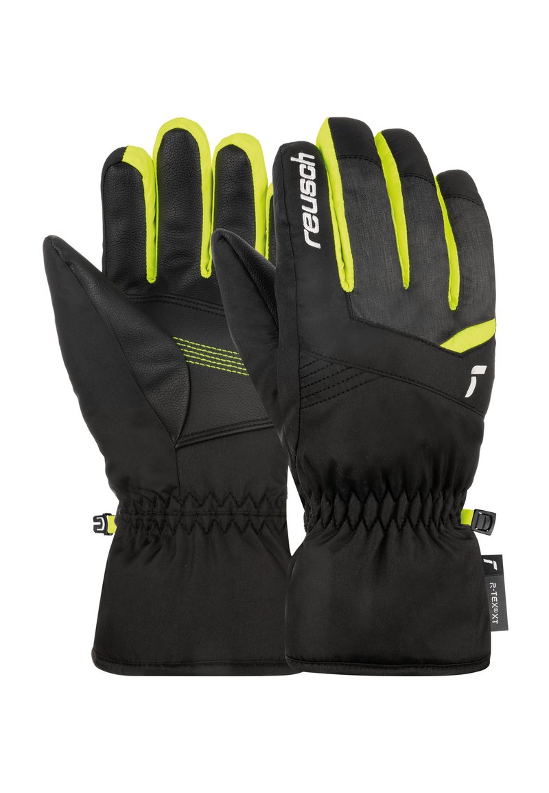 Schwarze Handschuhe mit leuchtend neongelben Akzenten, die eine strukturierte Oberfläche und elastische Bündchen für einen sicheren Sitz bieten. Hergestellt aus strapazierfähigen Materialien.