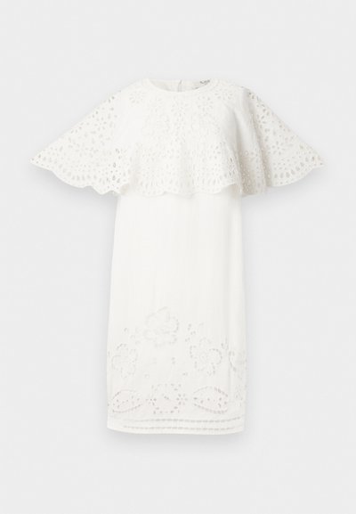 Bela obleka z obliko skodelice za ramena, cvetličnim vezenjem in izrezom ob robu. Preprost, eleganten kroj.