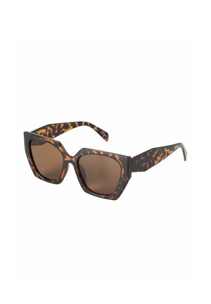 Square-frame sunglasses with brown tinted lenses and tortoiseshell patterned arms and rims.
