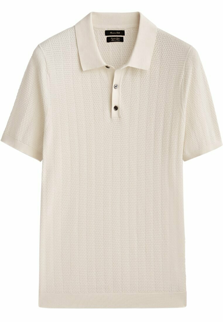 Polo shirt beige clair à manches courtes, en tissu texturé avec un motif tricoté, patte de boutonnage à trois boutons, et col et ourlet côtelés.