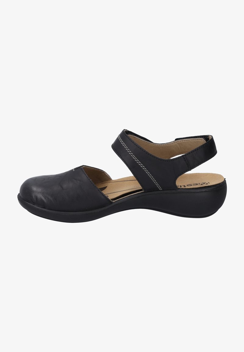 Černá kožená sandála s kulatou špičkou, otevřeným patním dílem a nastavovacími popruhy. Má kontrastní bílé švy a polstrovanou vnitřní podešev.