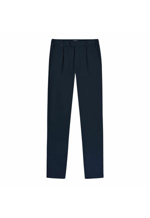 Pantalon pour homme bleu marine, coupe ajustée, avec poches latérales, passants pour ceinture et plis à l'avant, présenté à plat sur un fond blanc.