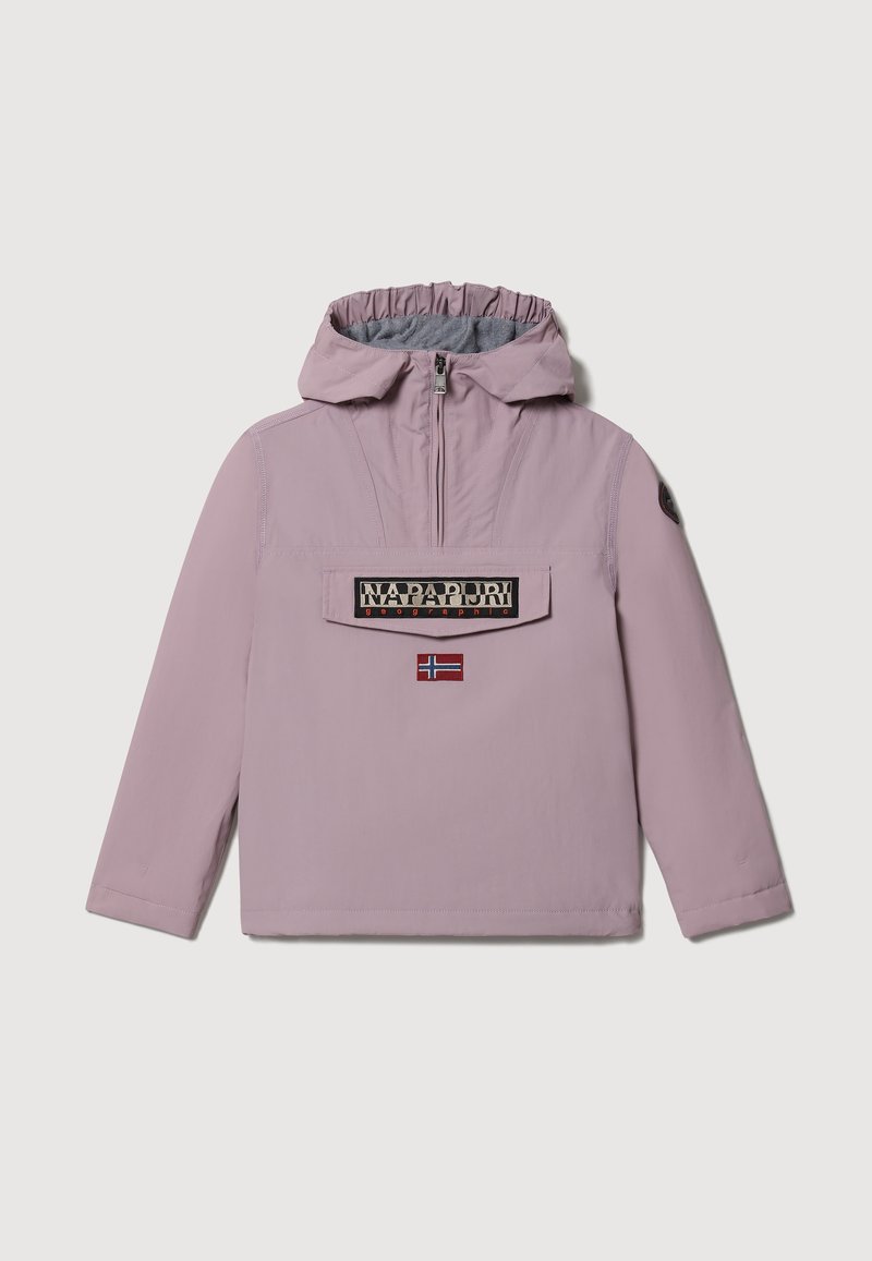 Giacca pullover viola chiaro con cappuccio, dotata di tasca frontale, patch del logo del brand e una piccola accentuazione della bandiera norvegese. Tessuto dalla texture liscia.