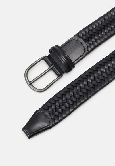 Black braided leather belt featuring a polished metal buckle and smooth leather accents at the tip and buckle area.