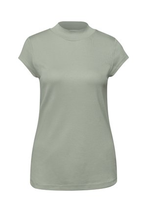 Haut ajusté pour femme à manches courtes gris clair avec col montant et tissu lisse, présenté sur fond blanc.
