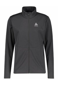 Dunkelgraue Sportjacke mit hohem Kragen und durchgehendem Reißverschluss. Mit Logo auf der oberen linken Brust und glattem, dehnbarem Stoff.