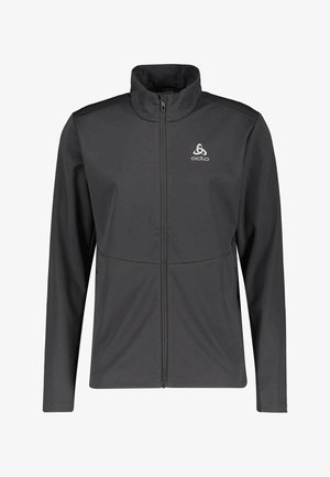 Dark gray athletic jacket with a high collar and full front zipper. Features a logo on the upper left chest and smooth, stretch fabric.