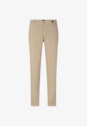 Chinos beiges à coupe ajustée, fabriqués en tissu coton. Comprennent des poches avant, une fermeture boutonnée et des détails de coutures le long des coutures.