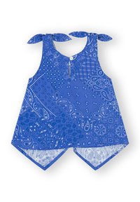 Top azul sin mangas con estampado de bandana, que presenta lazos en los hombros, un detalle de botones en la parte delantera y un diseño de dobladillo único.