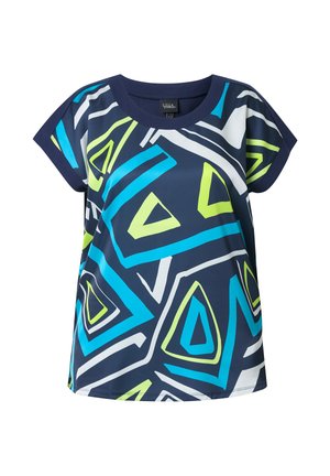 Granatowa koszula z krótkim rękawem z jasnoniebieskimi, limonkowymi i białymi abstrakcyjnymi geometrycznymi wzorami trójkątnymi.