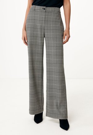 Pantalons à jambes larges à carreaux en tissu noir et blanc, présentant une taille haute, une fermeture à bouton unique et une texture lisse.