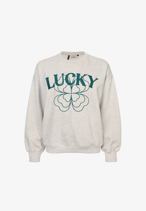 Grijze sweatshirt met lange mouwen, voorzien van groene "LUCKY" tekst en een bloemenpatroon. Gemaakt van zachte stof met omgeslagen zomen.