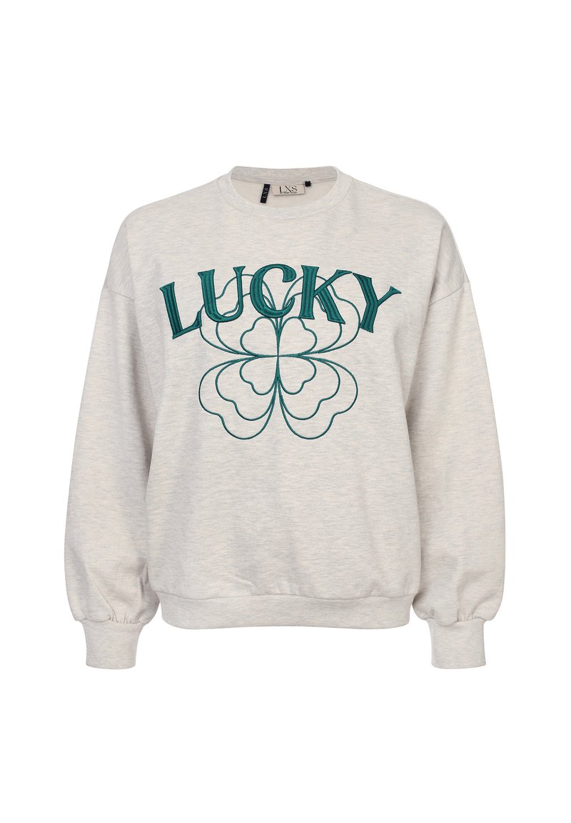 Grijze sweatshirt met lange mouwen, voorzien van groene "LUCKY" tekst en een bloemenpatroon. Gemaakt van zachte stof met omgeslagen zomen.