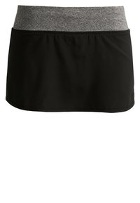 Falda atlética negra con una cintura elástica en gris jaspeado; tela suave, longitud por encima de la rodilla y diseño acampanado para facilitar el movimiento.