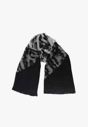 Zwart-grijze sjaal met abstract dierenprintontwerp en franjeranden, plat neergelegd en losjes in het midden gevouwen op een witte achtergrond.