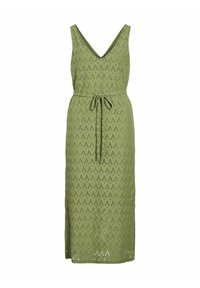 Olivgrünes, ärmelloses Kleid aus strukturiertem Stoff mit V-Ausschnitt und Bindegürtel. Hat ein durchgehendes Rauten-Ausschnitt-Muster.