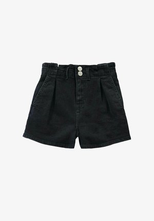 Zwarte denimshorts met een hoge taille, geplooide voorkant, twee knopen en zijzakken. Rechte pijpen en minimale vervaging.