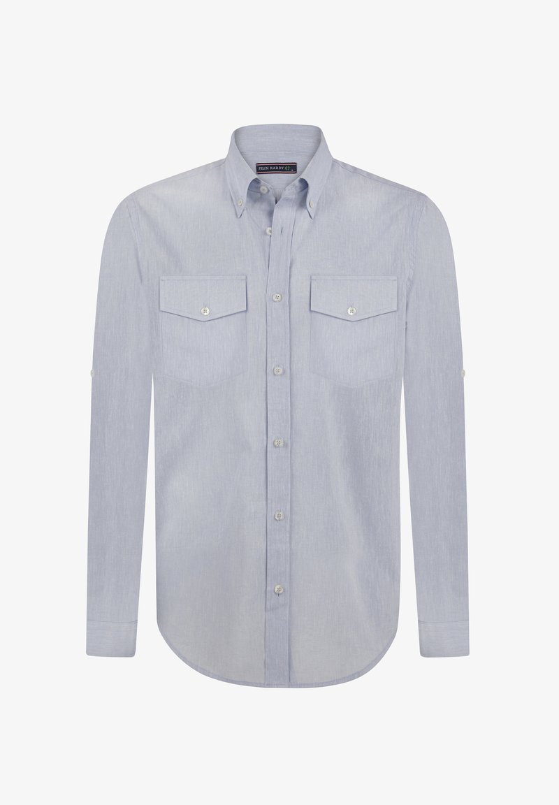 Hemd in Lichtblau aus einem strukturierten Stoff, mit zwei Brusttaschen und einem abgerundeten Saum. Verfügt über einen klassischen Kragen und Knopfmanschetten.