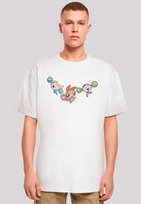 White cotton t-shirt with a relaxed fit, featuring a colorful graphic of cartoon characters holding pom-poms on the front.