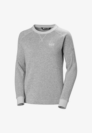 Felpa grigia in pile con maniche lunghe, scollo rotondo e polsini a coste. Presenta un logo discreto e una tasca con cerniera sulla manica sinistra.