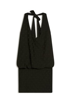 Čierne šaty s halter neck golierom s jemnou textúrou bodiek a zaväzovaním vzadu.