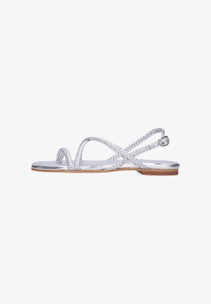 Silver flat sandal with braided straps and ankle buckle, featuring a low wooden heel and open toe design.
