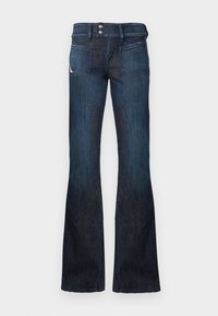 Dark blue denim jeans with a high waist, double button closure, front patch pockets, and flared legs.
