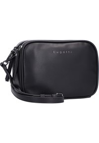 Borsa a tracolla nera in pelle con finitura liscia, chiusura con zip e il nome del marchio "bugatti" impresso sulla parte anteriore. Include una tracolla regolabile.