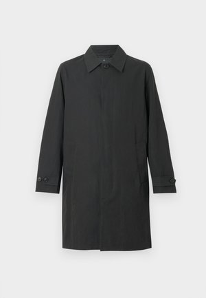 Black, knee-length coat made of smooth fabric features a straight cut, collar, button accents, and side pockets.