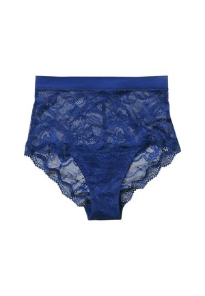 Slip alta in pizzo blu navy con fascia elastica morbida, motivo floreale, bordi ondulati e dettagli traslucidi.
