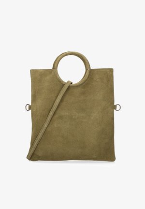Sac en daim vert olive de forme rectangulaire, avec une poignée ronde et une bandoulière détachable. Design minimaliste.