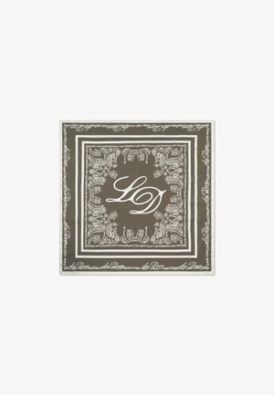 Brąszowy szalik w wzory z białymi motywami paisley oraz inicjałami "LD" na środku, z białymi bordiurami. Tekstura przypominająca jedwab.